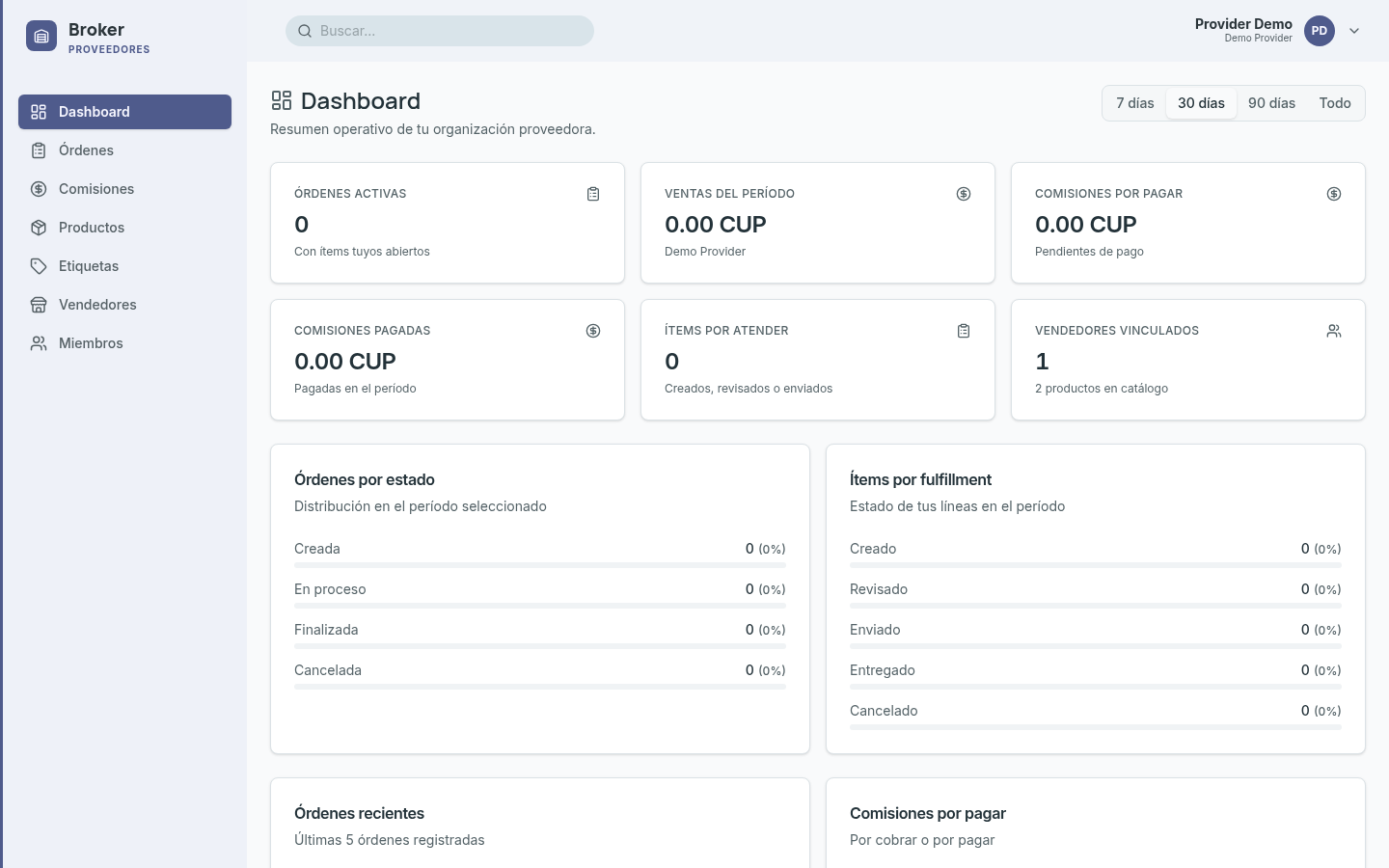 Vista previa del dashboard del proveedor en VendeYa